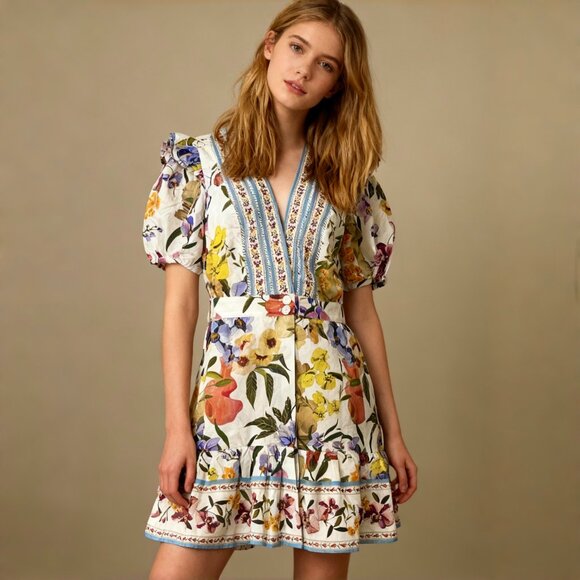 NWOT FARM Rio Floral Ruffles Greek Garden Off-White Mini Dress Size XL - Picture 1 of 14